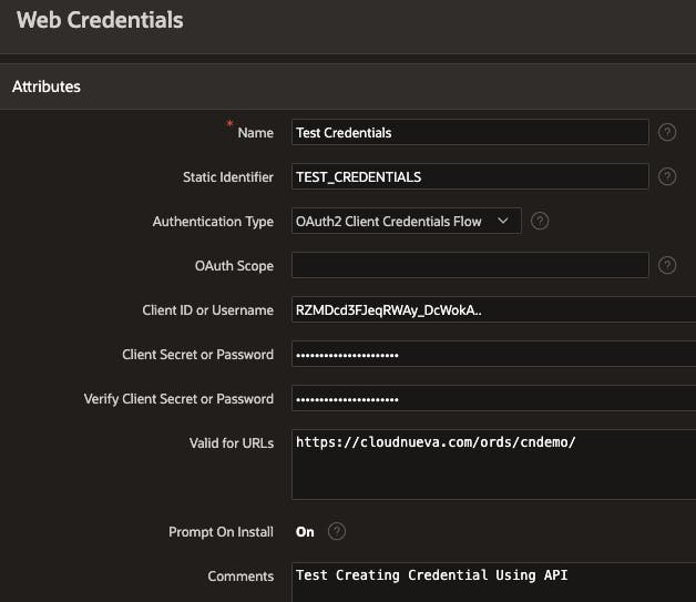 Screenshot of an Oracle APEX Web Credential