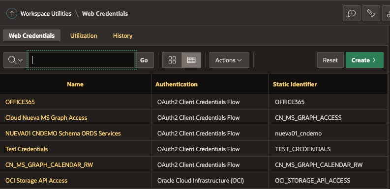 iScreenshot showing a list of Oracle APEX Web Credentials