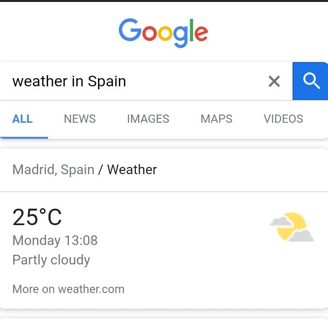 Image showing the weather data for Madrid, Spain on Google using weather API.jpg