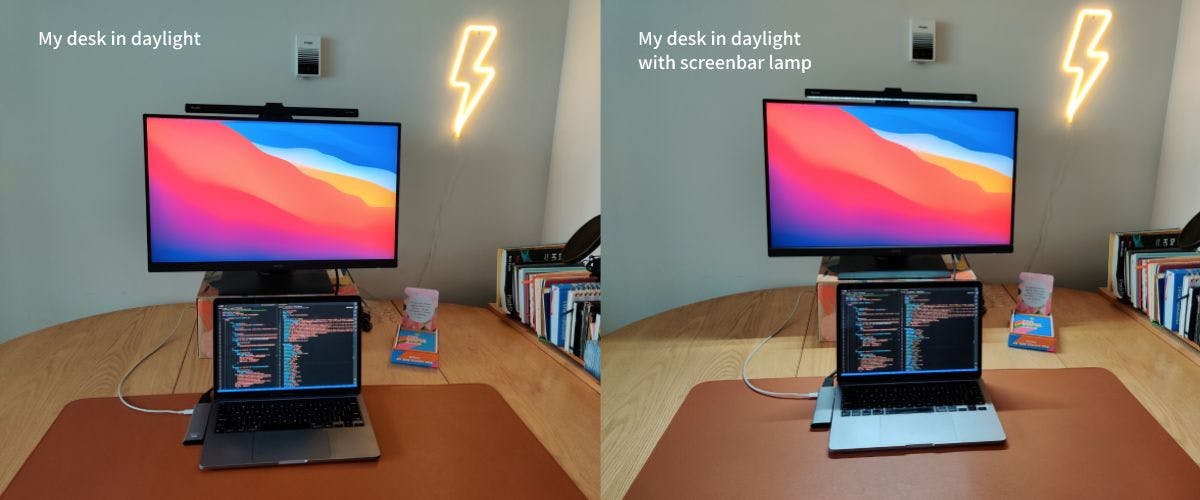 Comparison of desk setup with screenbar light off and on