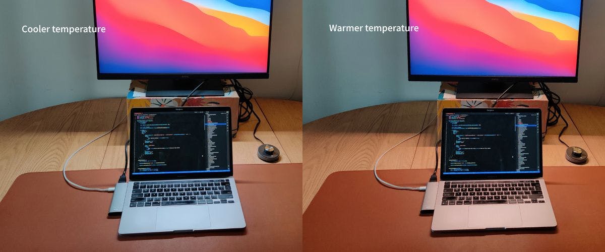 Desk setup showing warm and cool tone lights