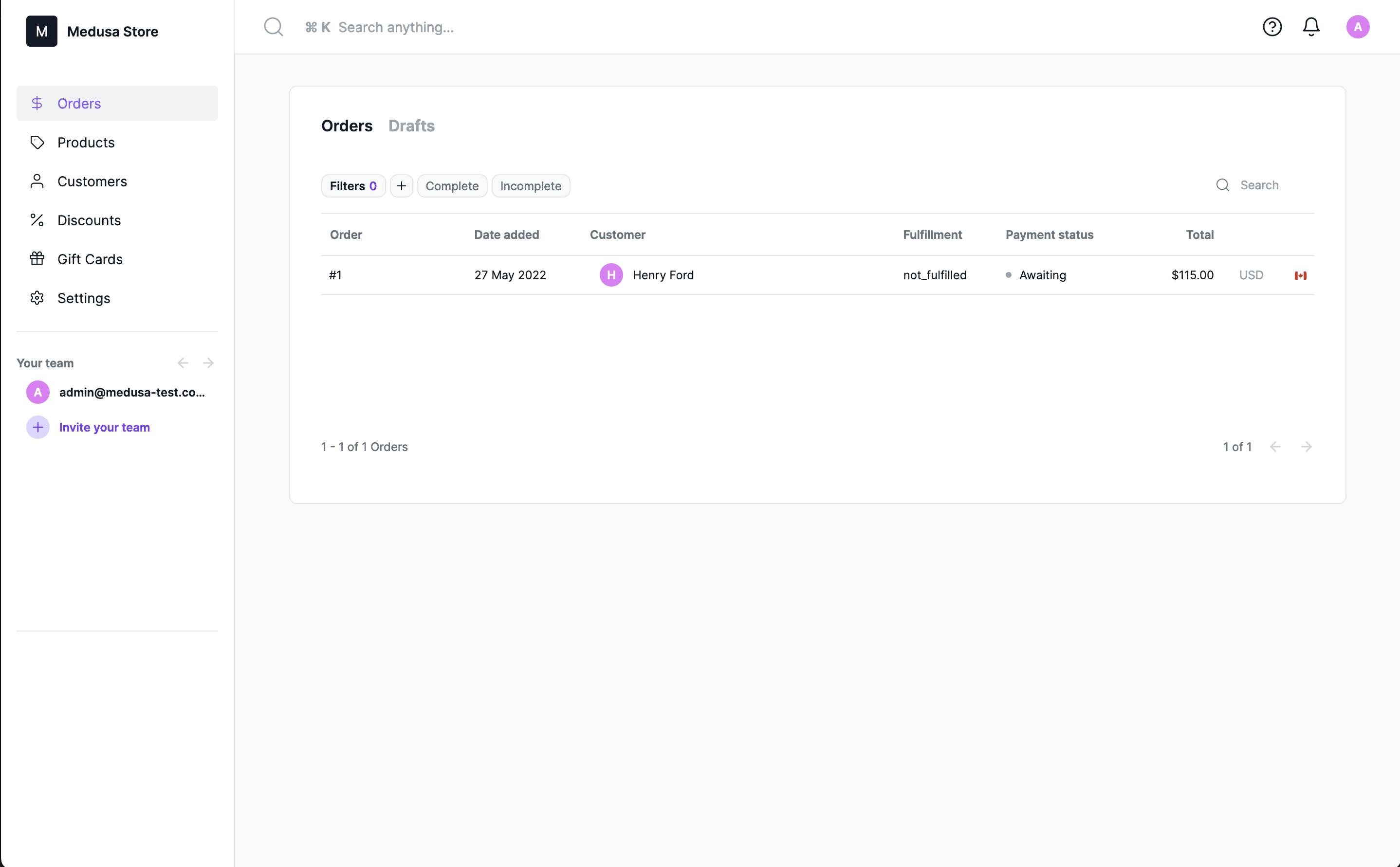 Orders page on the admin dashboard