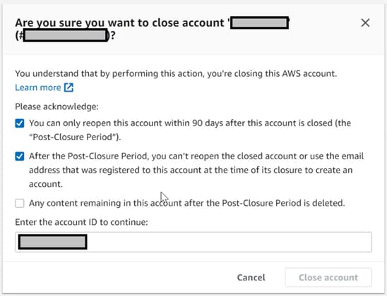 Screenshot: Close an AWS account through AWS Organization Console