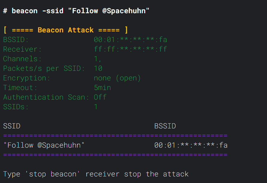 Output when starting a beacon attack