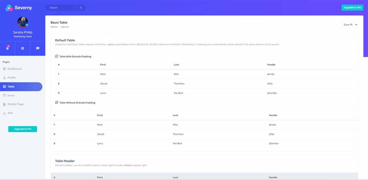 Severny Bootstrap Lite - UI tables page
