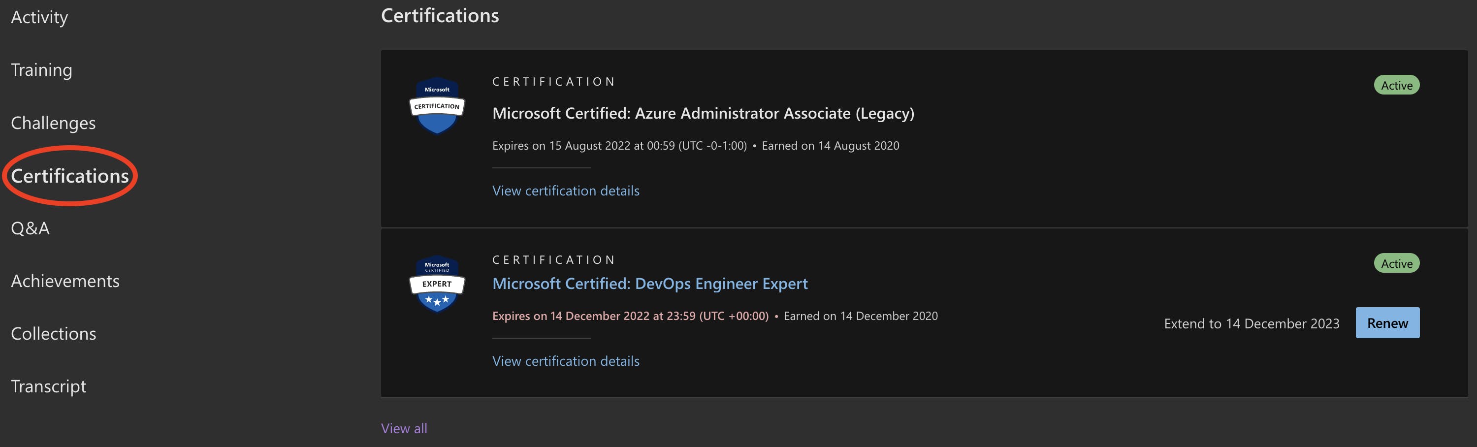 Certification tab within Profile