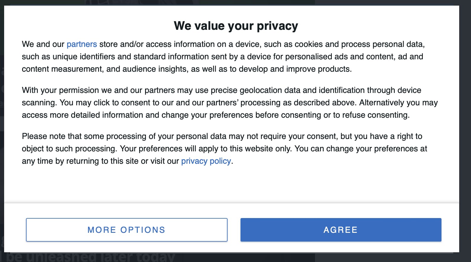 Cookie banner saying "We value your privacy"