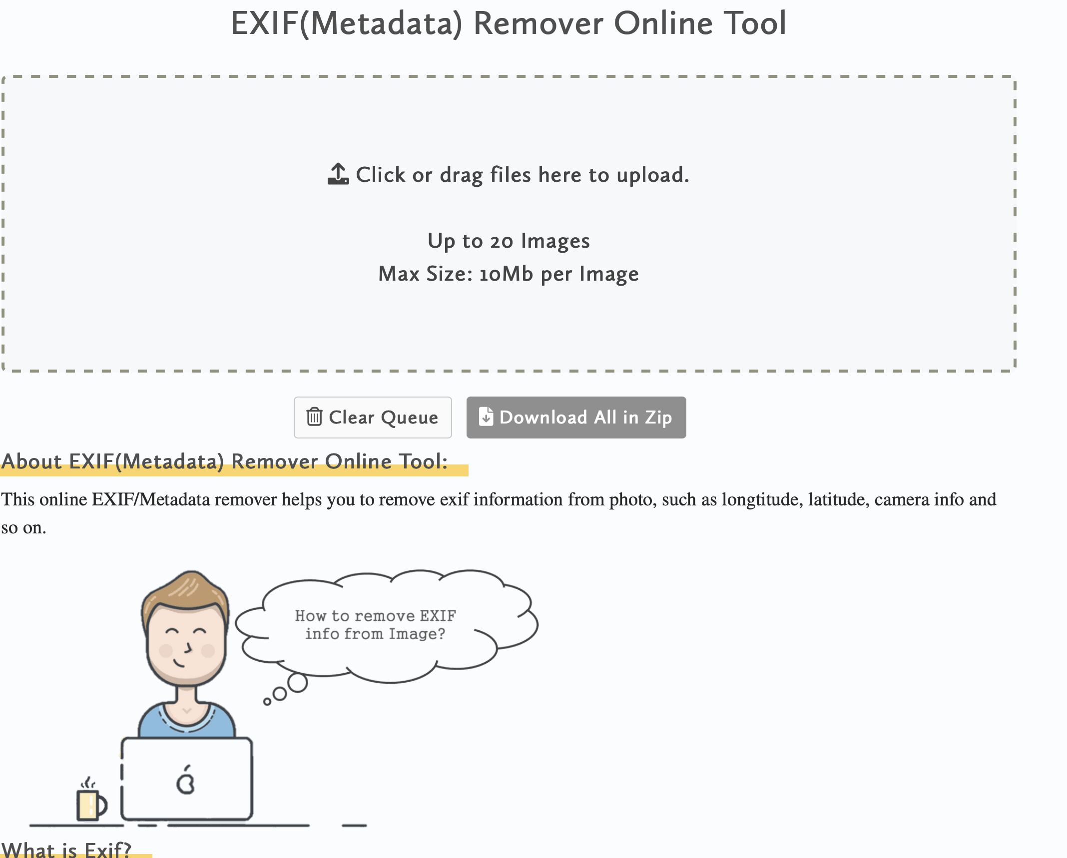 EXIF(Metadata) Remover Online Tool homepage, with the drag and top tool to purge the images metadata