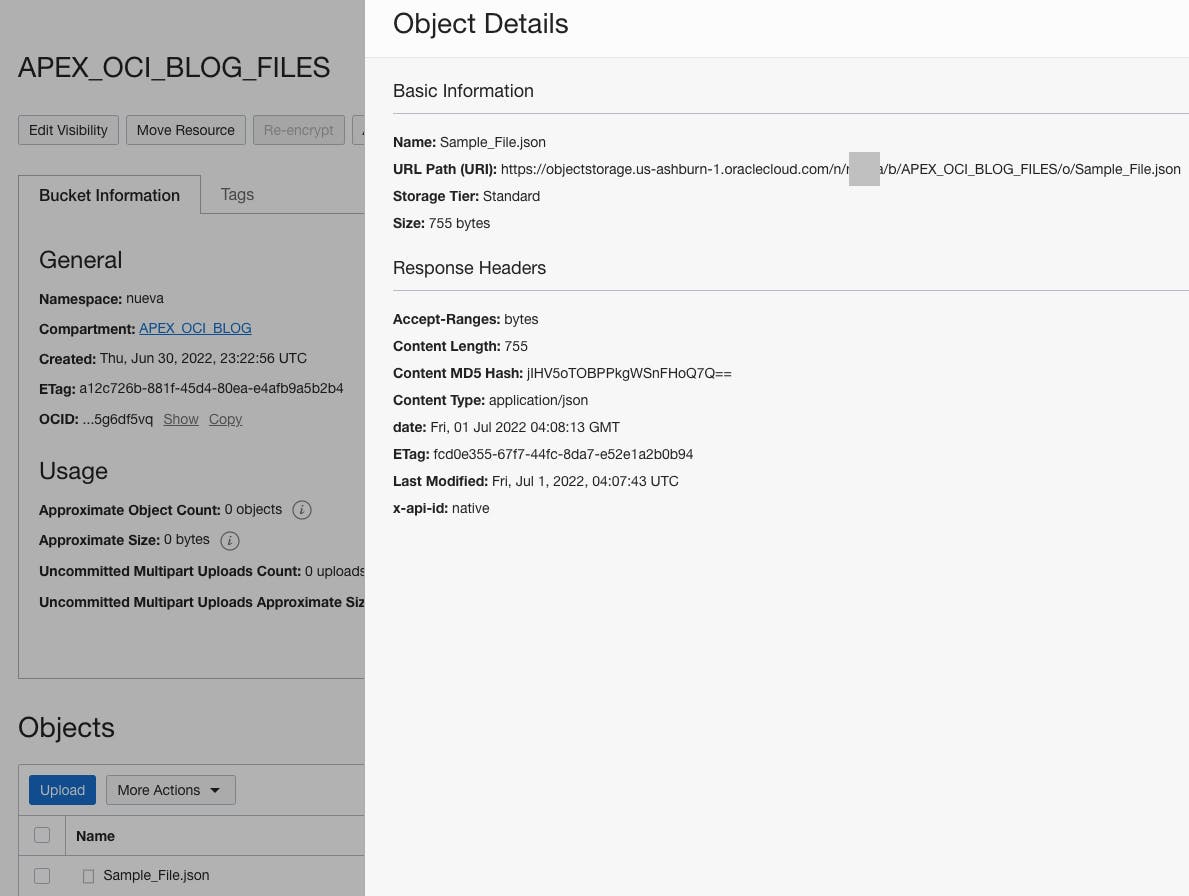 Screenshot of Sample File in OCI Object Store