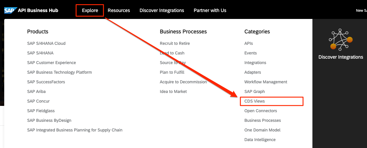 Use the API Business Hub menu: Explore > CDS Views