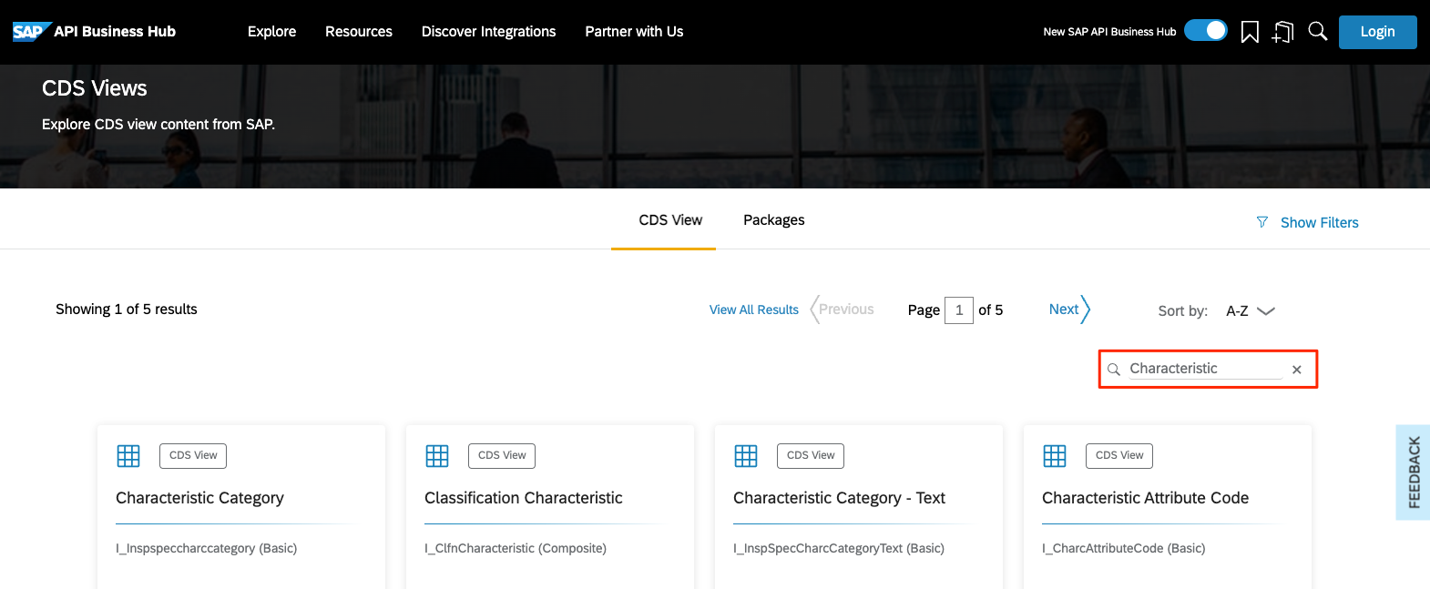 CDS View search results for Characteristic in the SAP API Business Hub