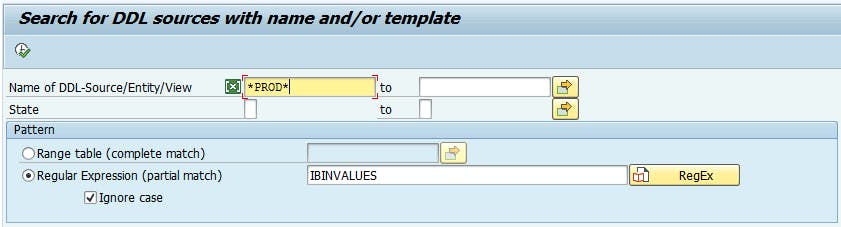 Search input SDDLAR on DLL-Source *PROD* and Regular Expression IBINVALUES