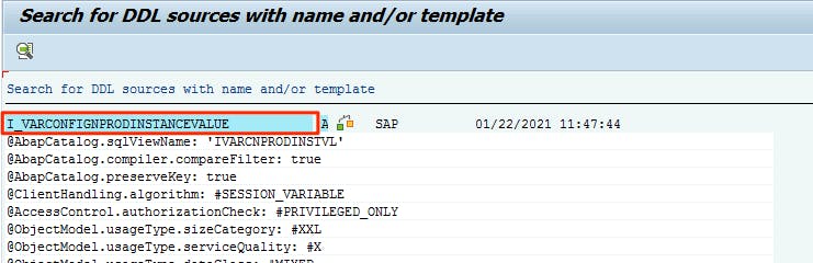 ABAP Dictionary object with a part of the DDL for the CDS view