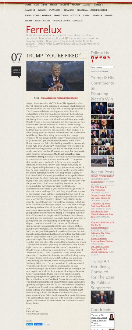 Ferrelux Homepage_Trump Fired_12-2020