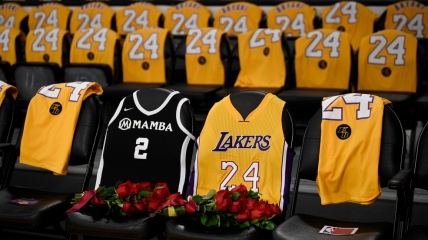 The jerseys of late Los Angeles Laker Kobe Bryant, right, and his daughter Gianna are draped on the seats the two last sat on at Staples Center, prior to the Lakers' NBA basketball game against the Portland Trail Blazers in Los Angeles, Friday, Jan. 31, 2020. The last game two attended was on Dec. 29, 2019 when the Lakers faced the Dallas Mavericks. (AP Photo/Kelvin Kuo)