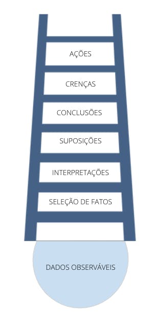 Imagem da escada da inferência com os degraus:Dados observáveis,Seleção de fatos,Interpretações, Suposições e Conclusões.