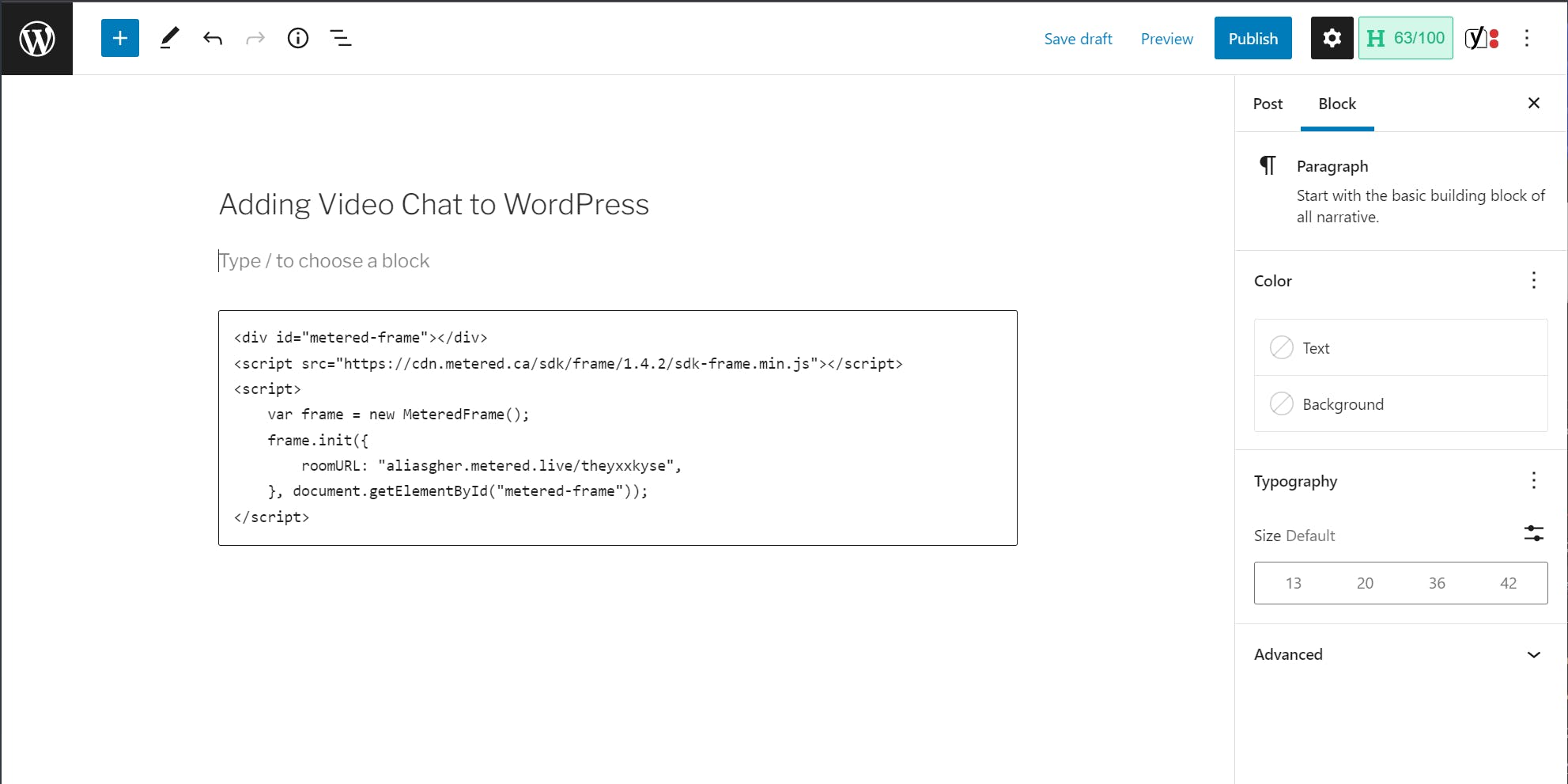 paste the Video Chat code on WordPress