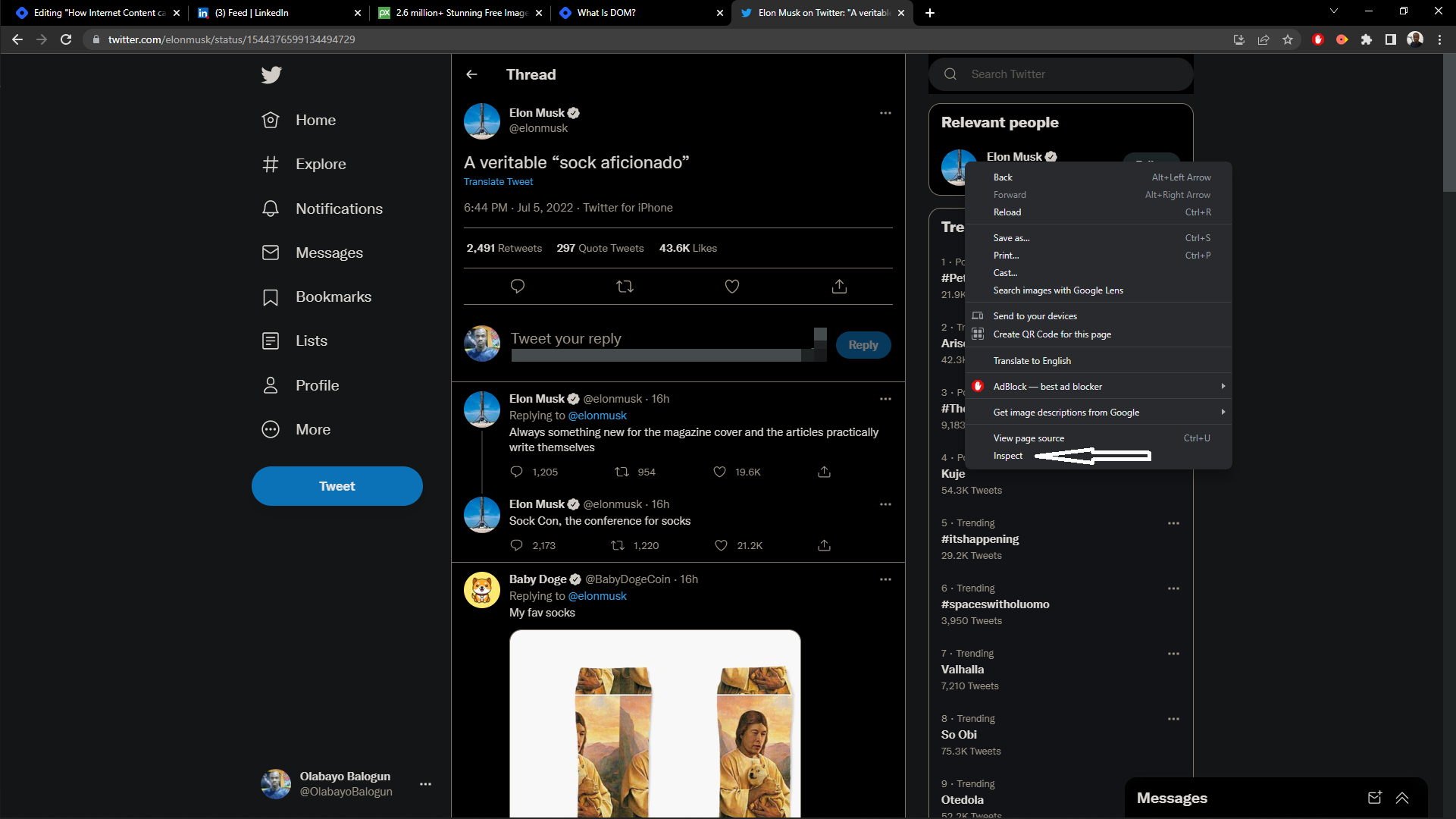 A screenshot of a Twitter webpage after right-clicking an empty space