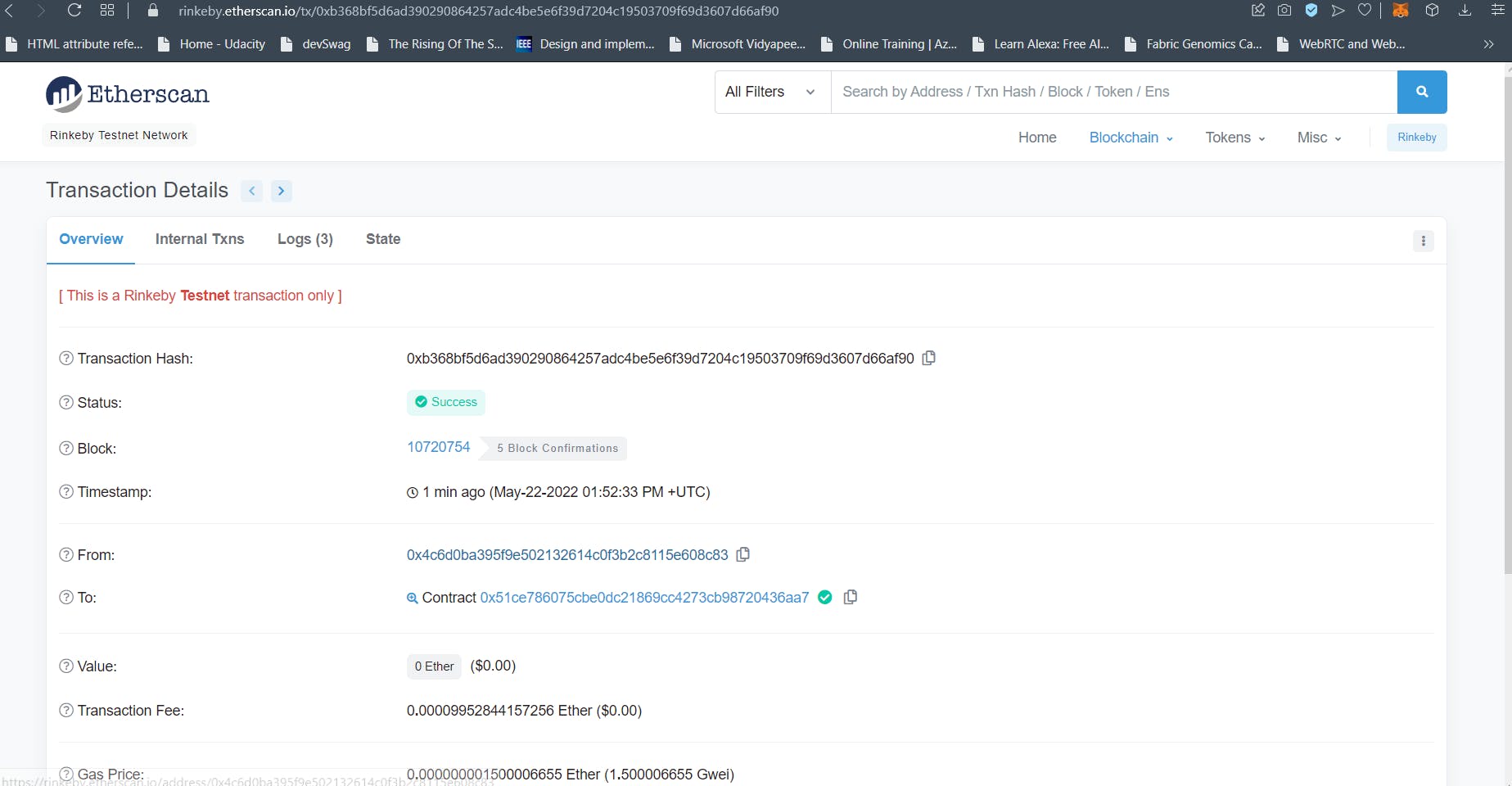 Etherscan Transaction submitted to `Operator.sol` from Chainlink Node