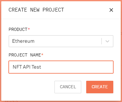 A new project dialogue box on Infura