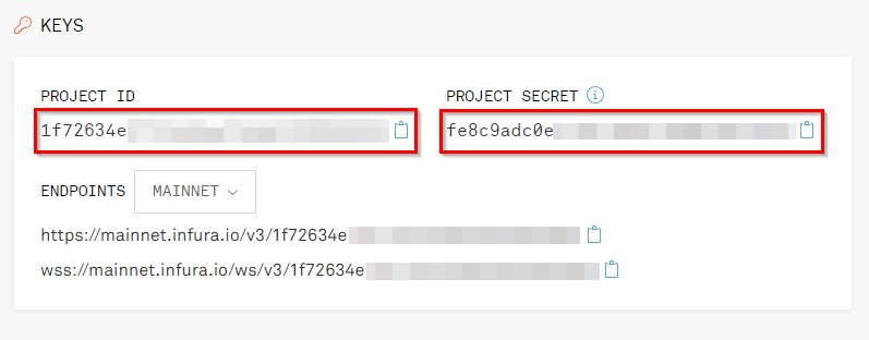 The project ID and project secrets, highlighted in red, showing the reader where to copy from