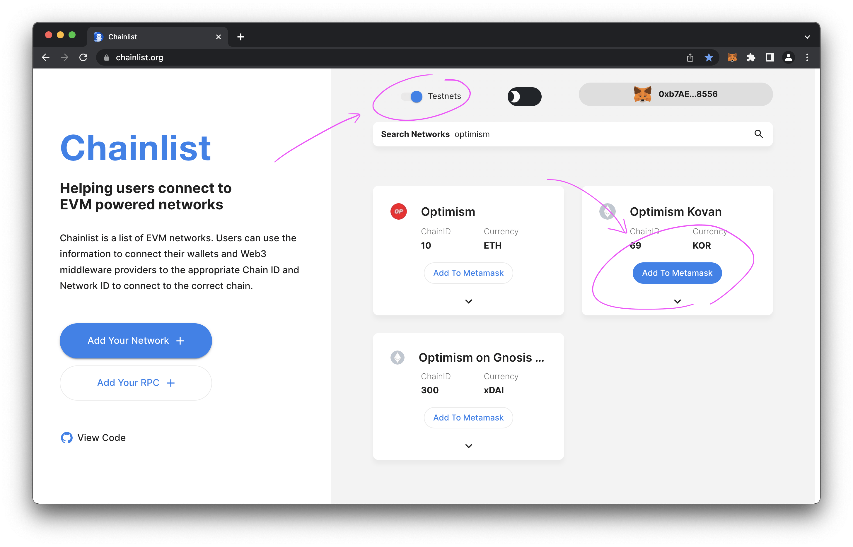 Chainlist.org Optimism Testnet