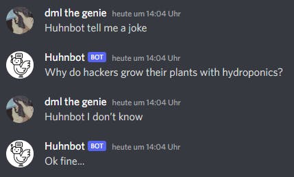 Huhnbot telling a joke