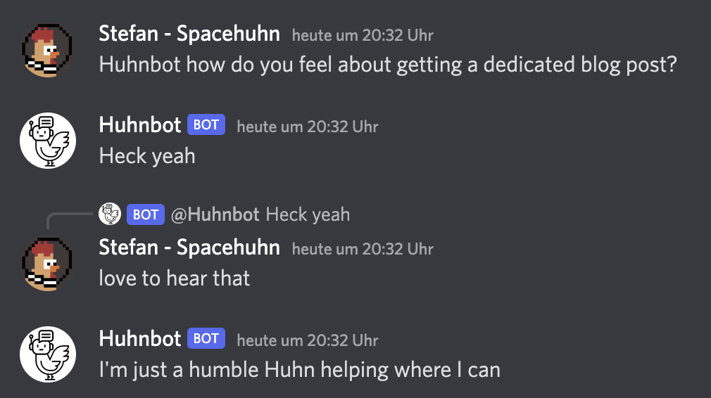 Huhnbot being happy about this blog post