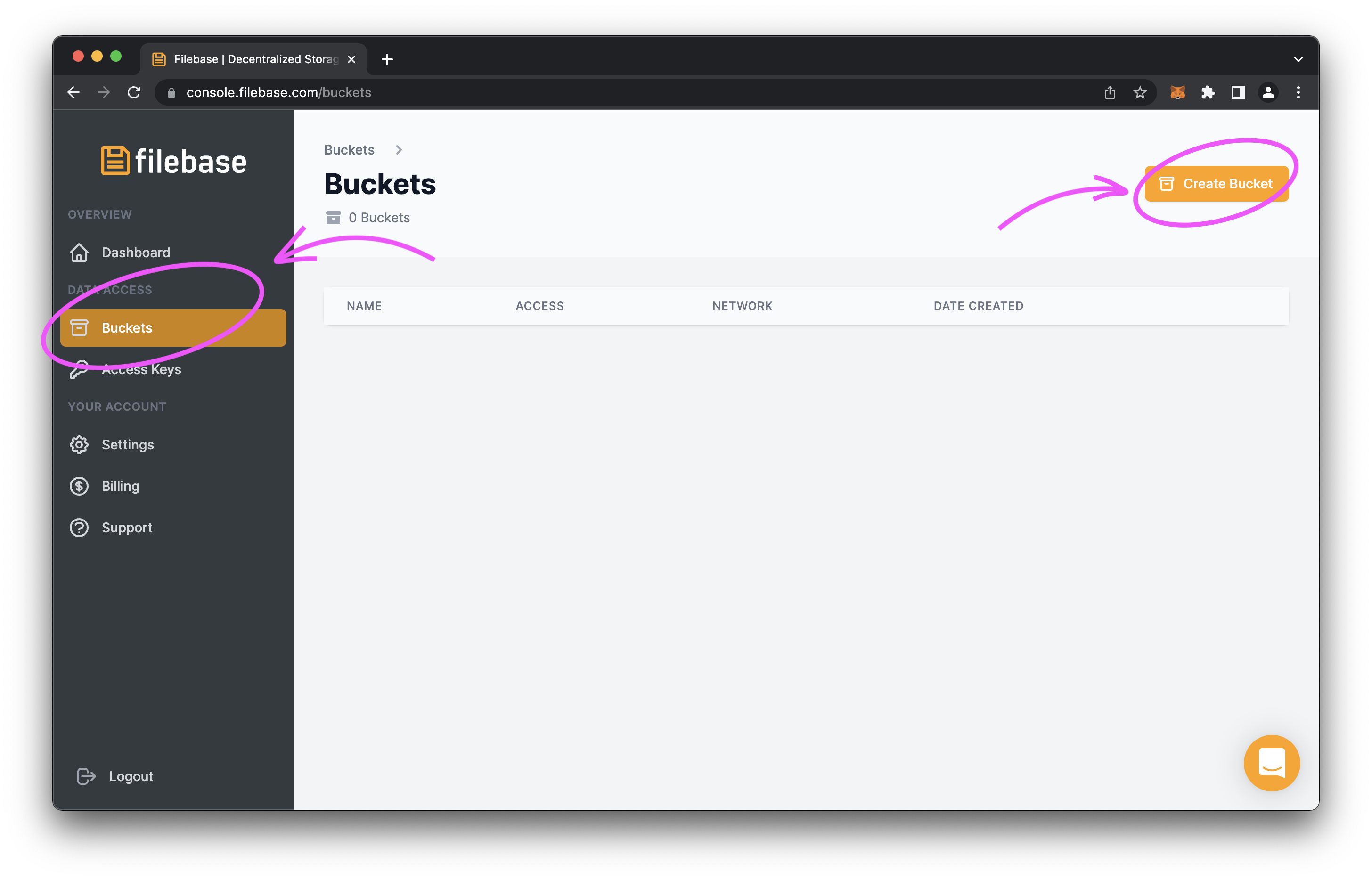 Filebase.com Create Bucket