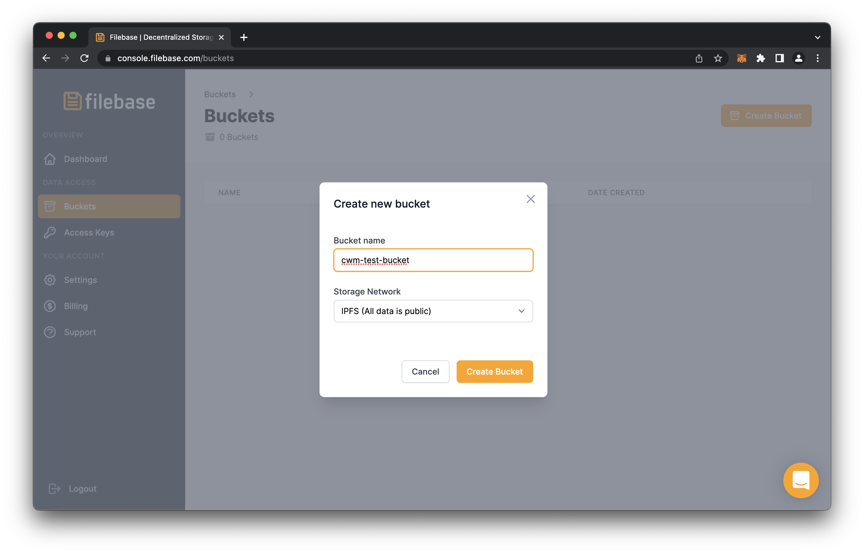 Filebase.com Create New Bucket