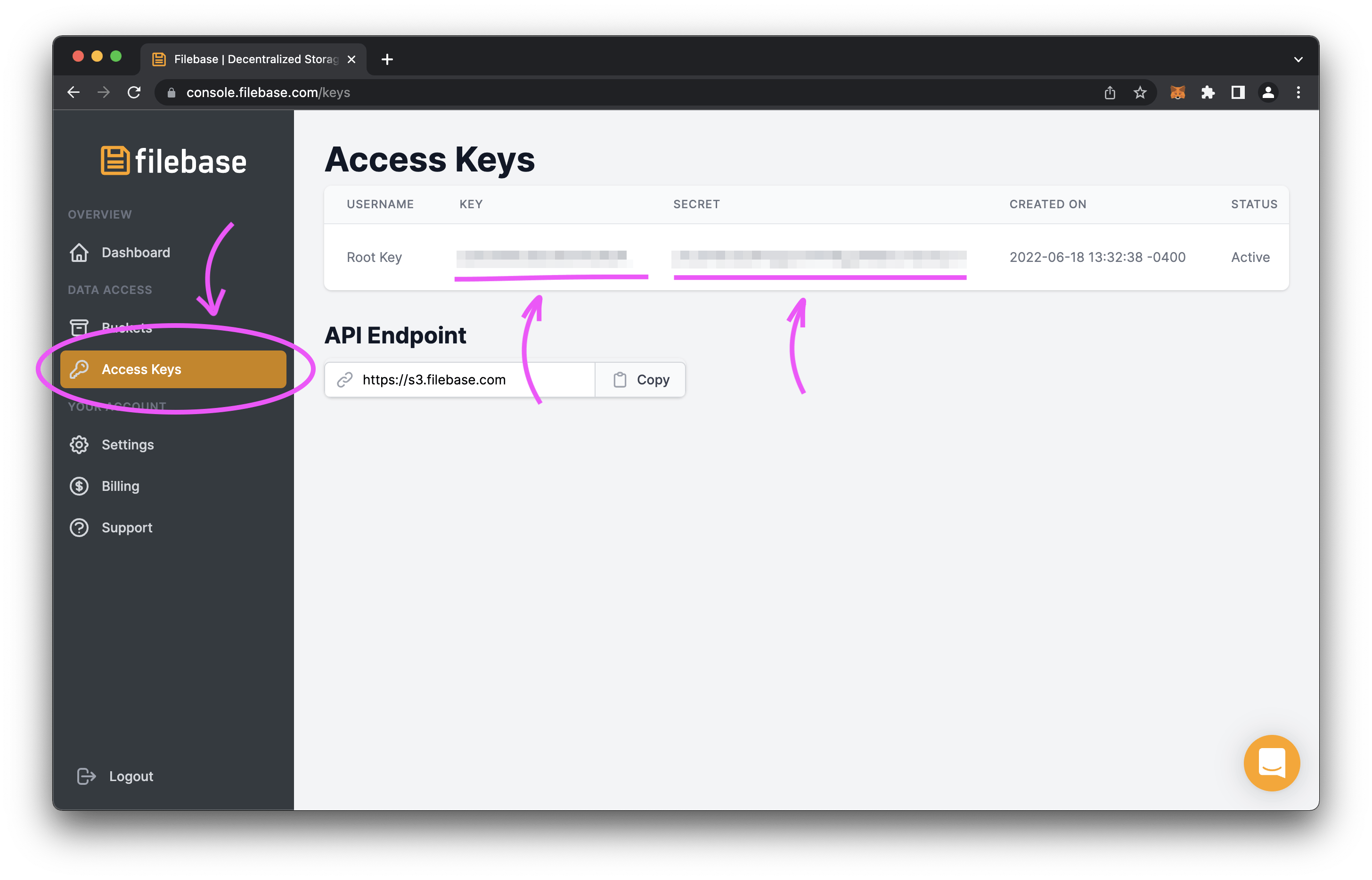 Filebase access Keys