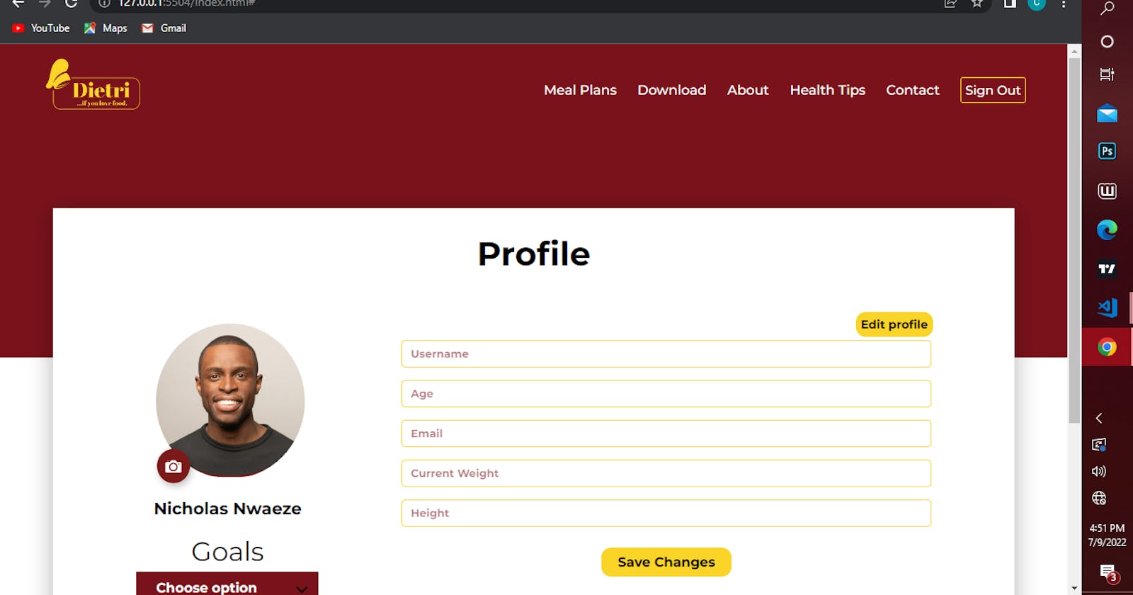 Dietri Edit-Profile page