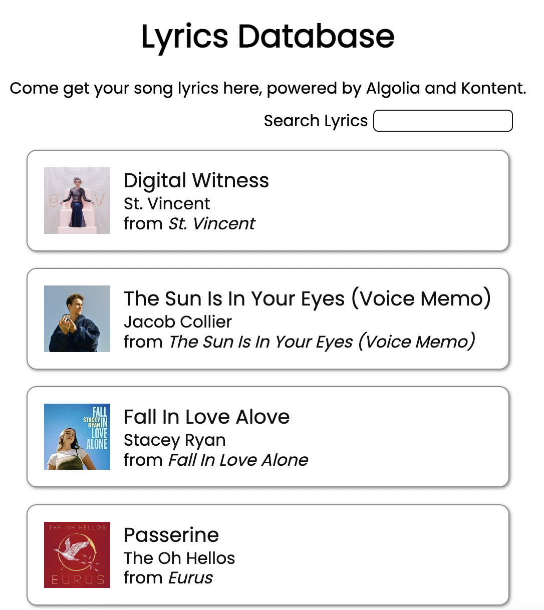 8The new lyrics homepage with the search box and results