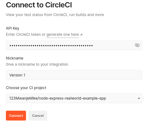 Connect to CircleCI pop up filled in