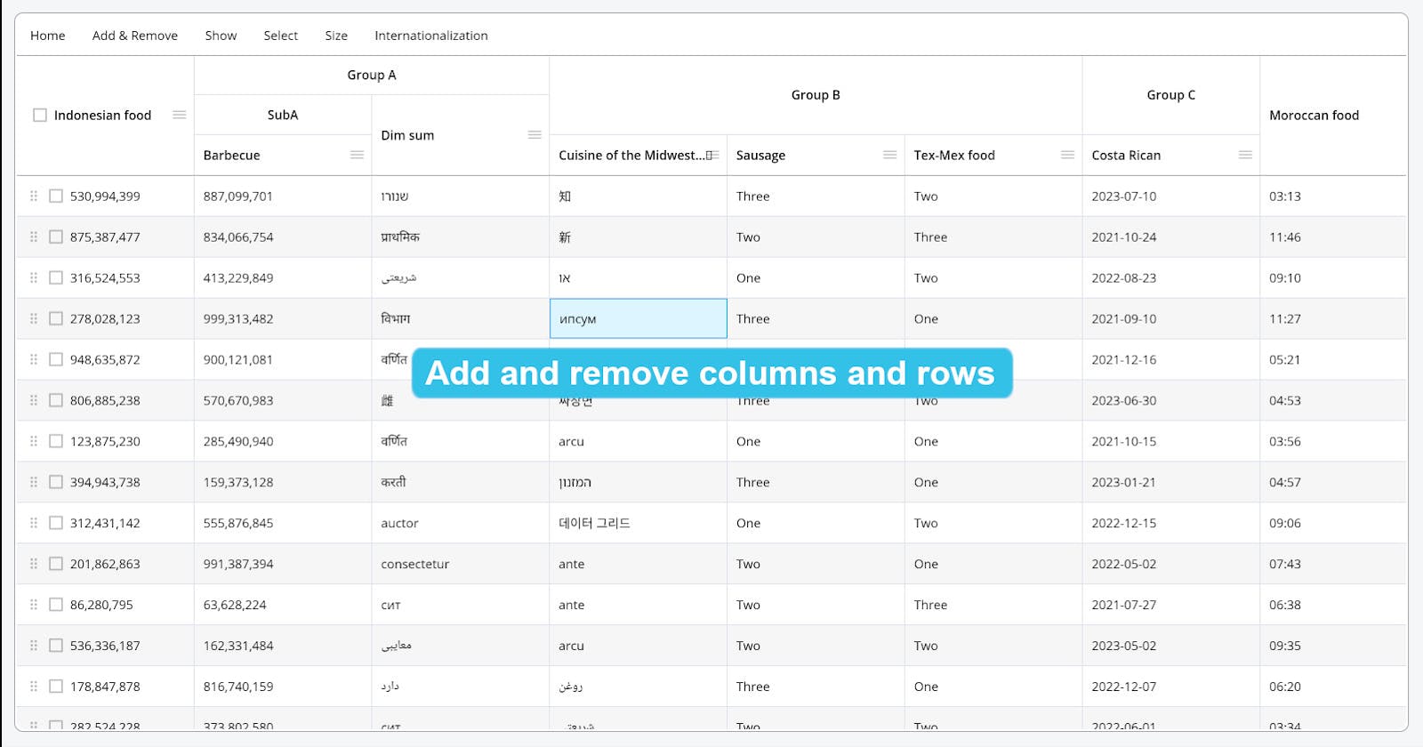 Add and remove columns and rows.