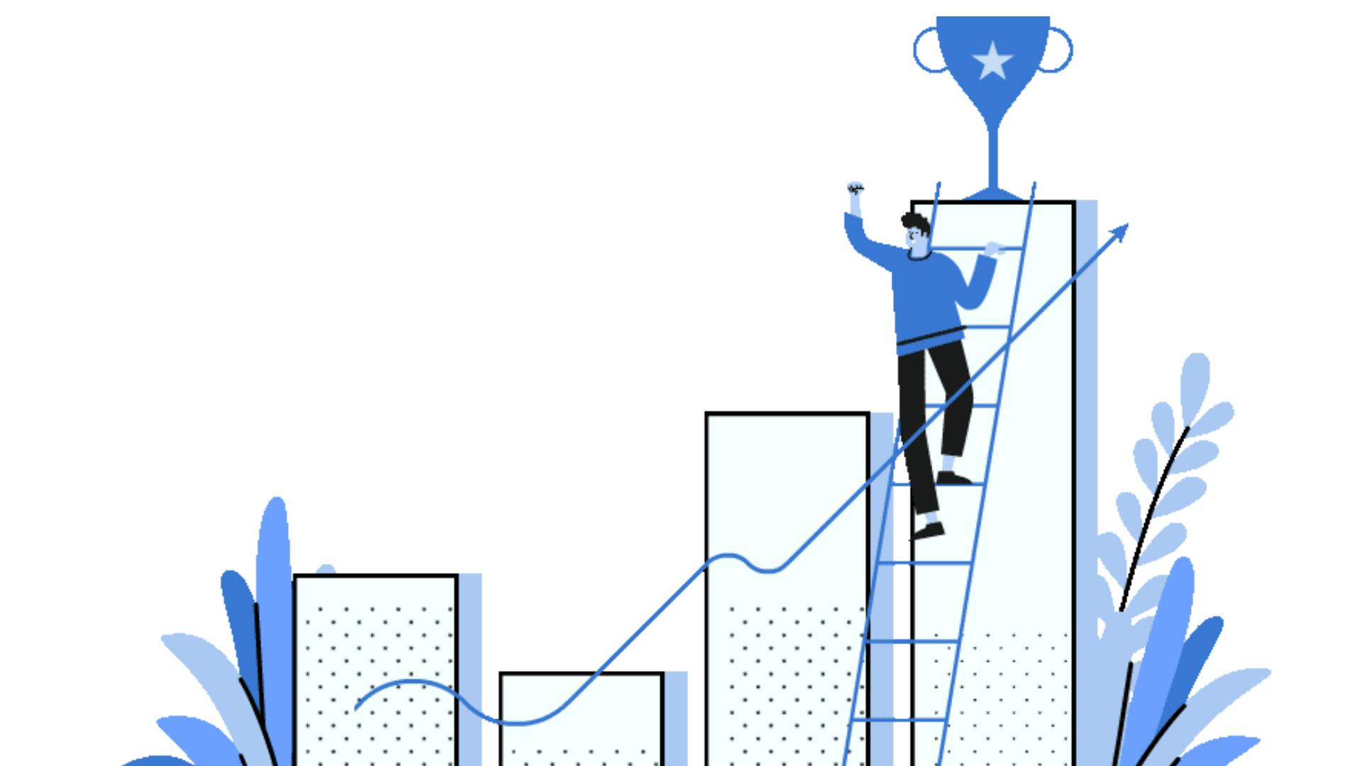 Illustration of man climbing a ladder to a trophy