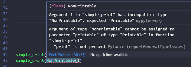 Showing the type error NonPrintable is not assignable to parameter of type Printable