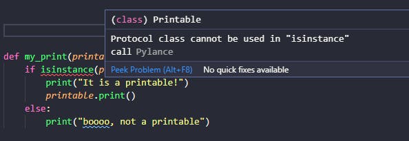 Hovering Printable in the isinstance call, showing error message