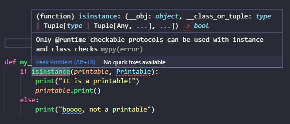 Hovering isinstance function, showing error message suggesting using @runtime_checkable decorator for the Printable protocol