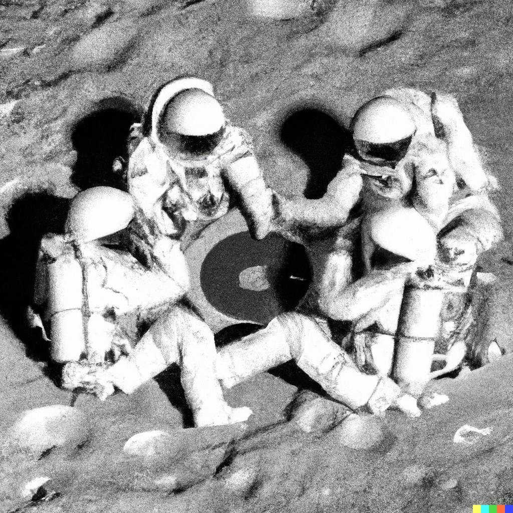 DALL·E 2022-07-18 16.02.39 - 4 NASA astronauts making out on the moon, playing strip poker, NASA photo archive.png
