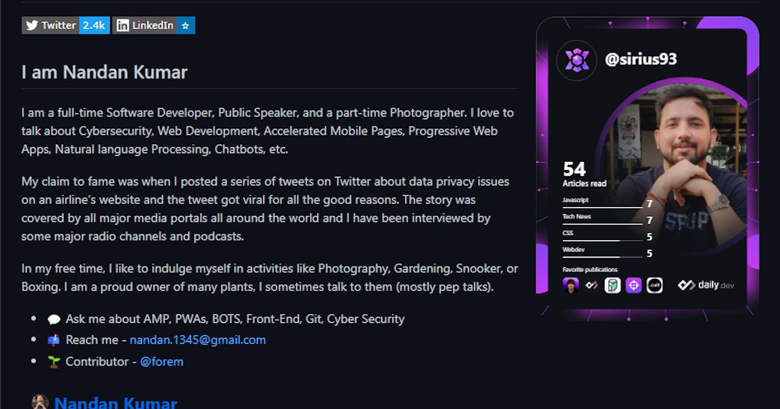 How to make a kickass bio for your GitHub profile using DailyDev's Devcard and metrics.