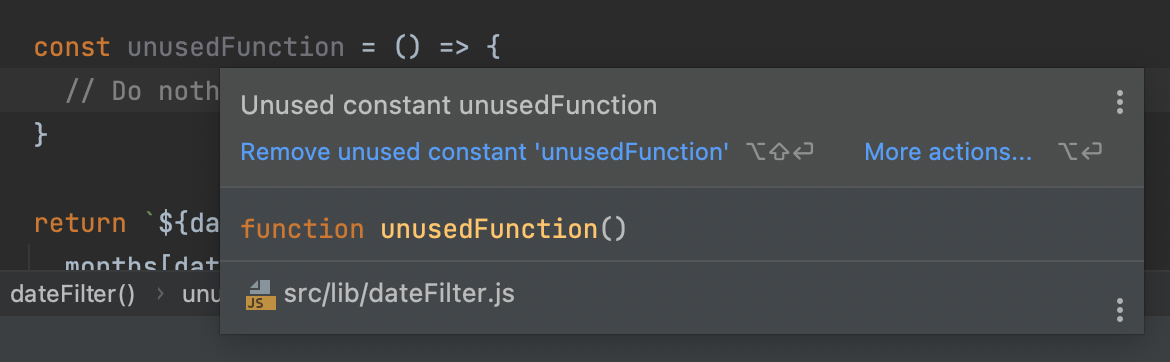 Unused functions in WebStorm