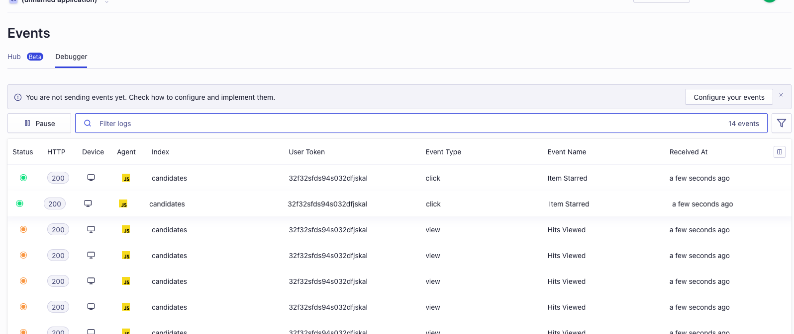 Logs demonstrate we are sending back event insights to Algolia