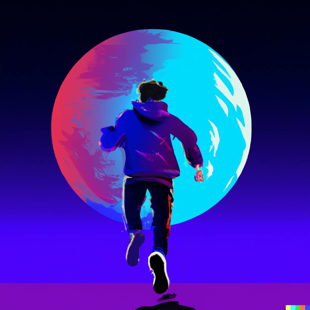 DALL·E 2022-07-27 23.27.46 - a guy running for moon with neon background.png