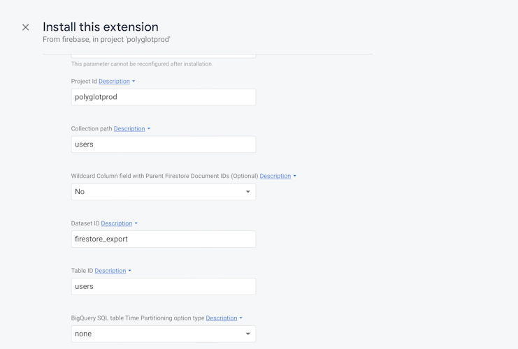 Google BigQuery Firebase Extension Configuration