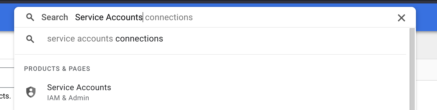 Google Cloud Console Search Bar with Service Accounts typed in