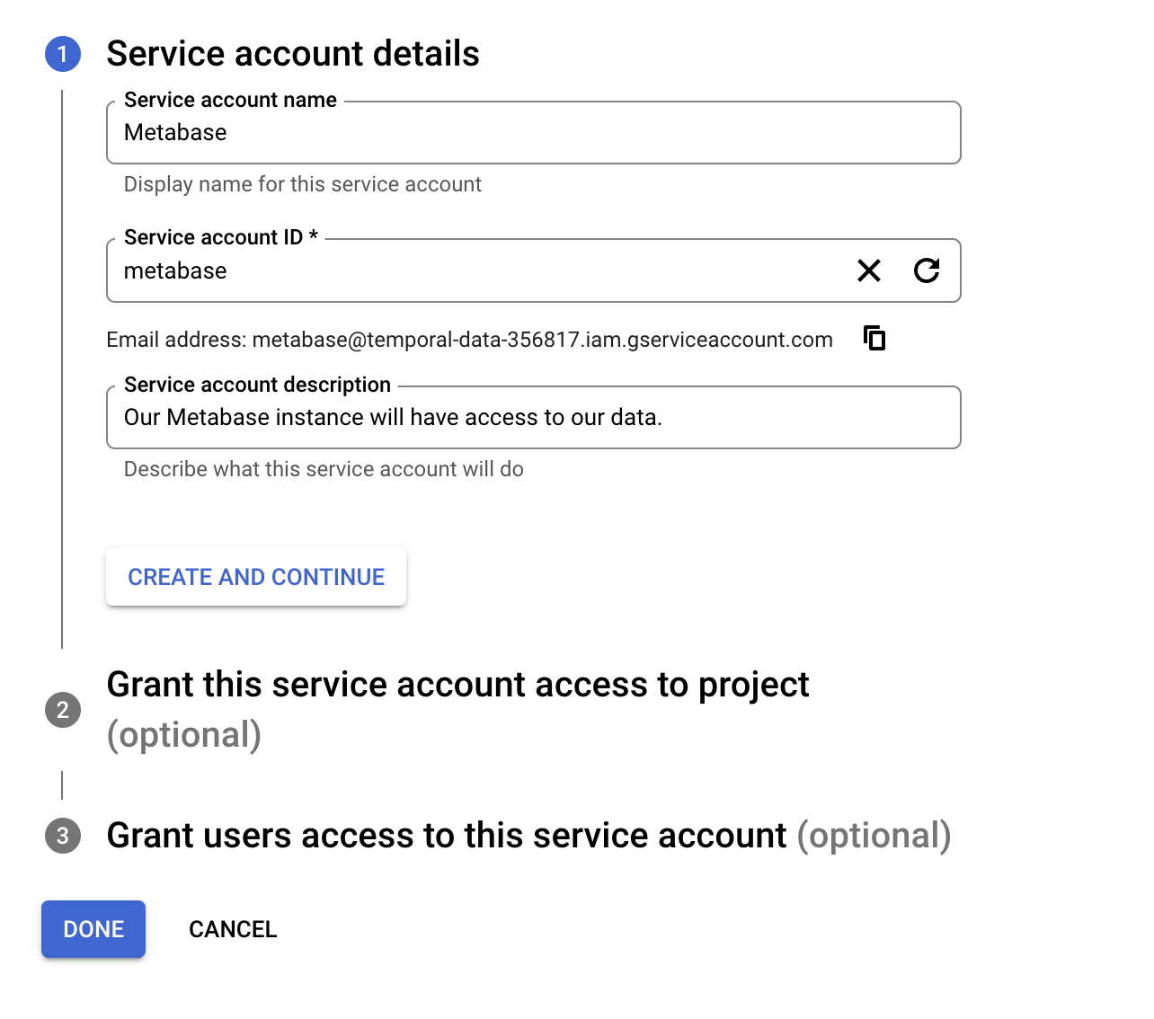 +Create Service Account Page Details