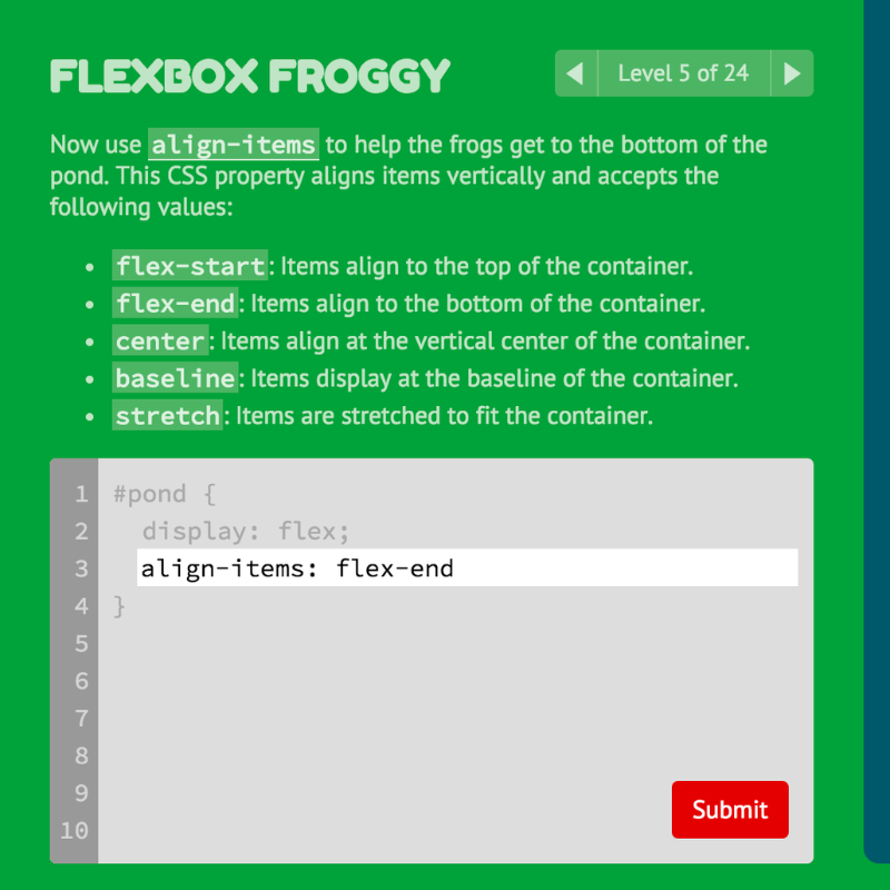 Flexbox Froggy Game Screen