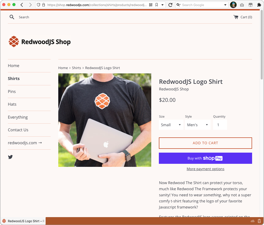 Screenshot of e-commerce storefront showing the products/redwoodjs-logo-shirt page