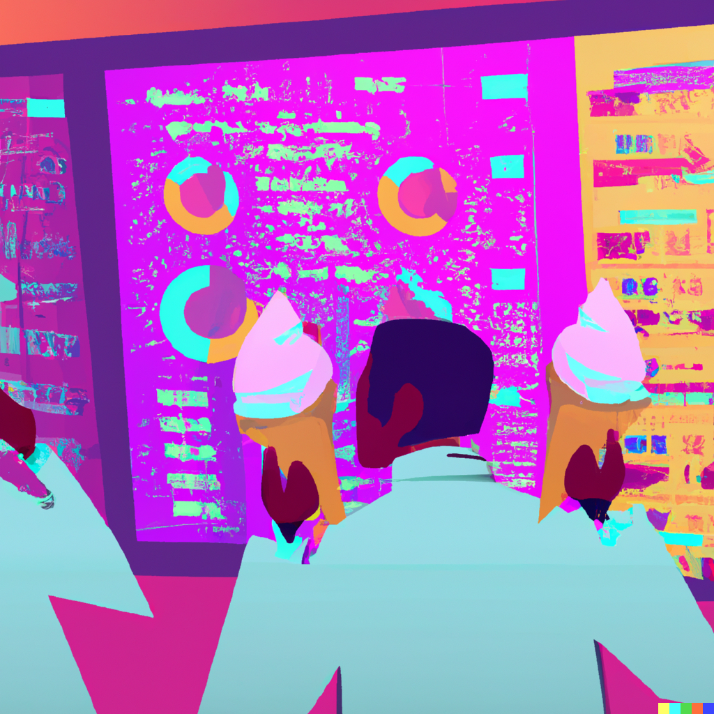 DALLE 2022-08-06 13.52.52 - maximalist illustration of scientists holding ice cream cones filled with strawberry ice cream, standing in a large data center, looking at a computer.png